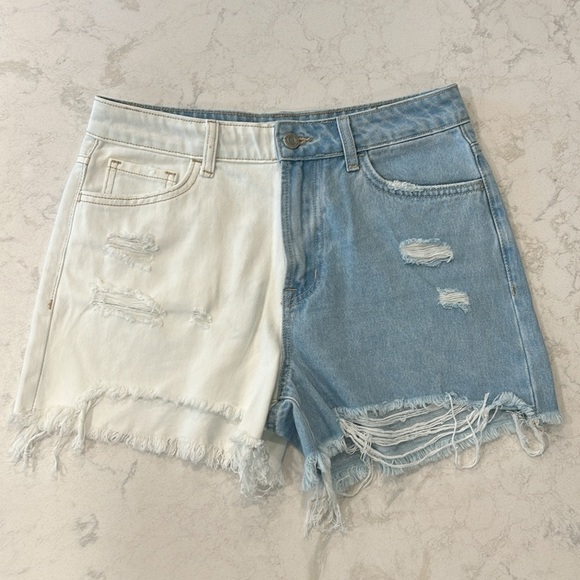 Vervet Rebecca Colorblock Denim Blue & White High Rise Distressed Shorts Size S - Picture 1 of 11